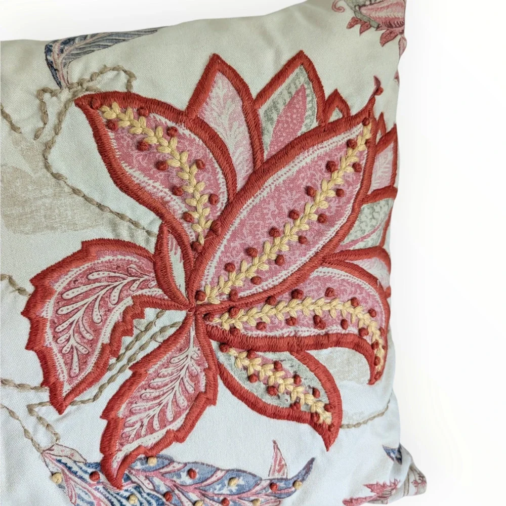 Pottery Barn Beige Floral Embroidered Lumbar Throw Pillow with Down Insert